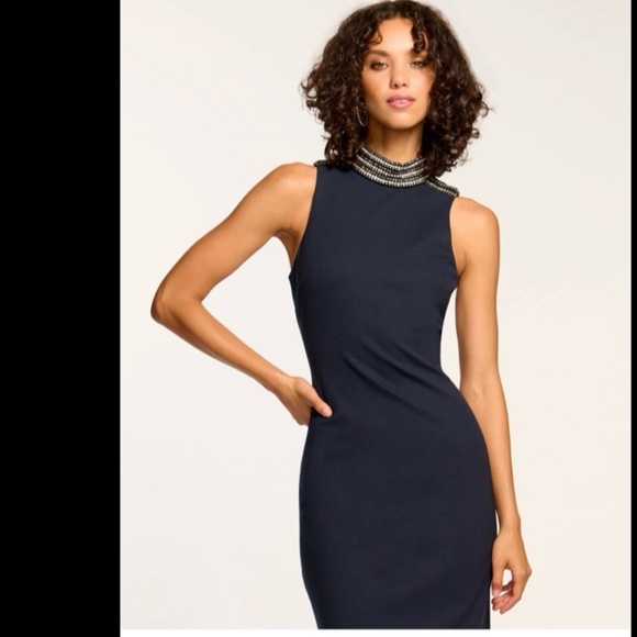 Ramy Brook Navy Josephine Embellished Dress Crystal Silver Rhinestone sz 14 midi - Picture 2 of 4